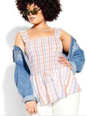 Pastel Plaid Peplum Smocked Tank Top